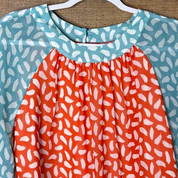 Boden Sylvie Sheer Lined Top Crop Sleeve Blood Orange Teal Brushstroke SZ 8 - Picture 3 of 10